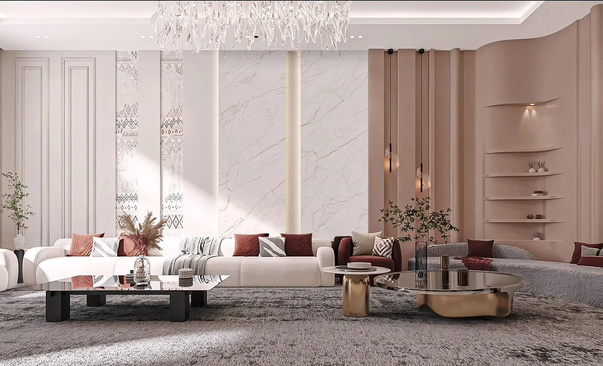 Premium Modern Living Room Design with Marble Wall and Luxurious Chand ...