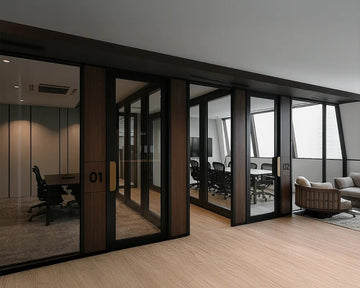 Modern Glass Partition System with Acoustic Privacy Pods