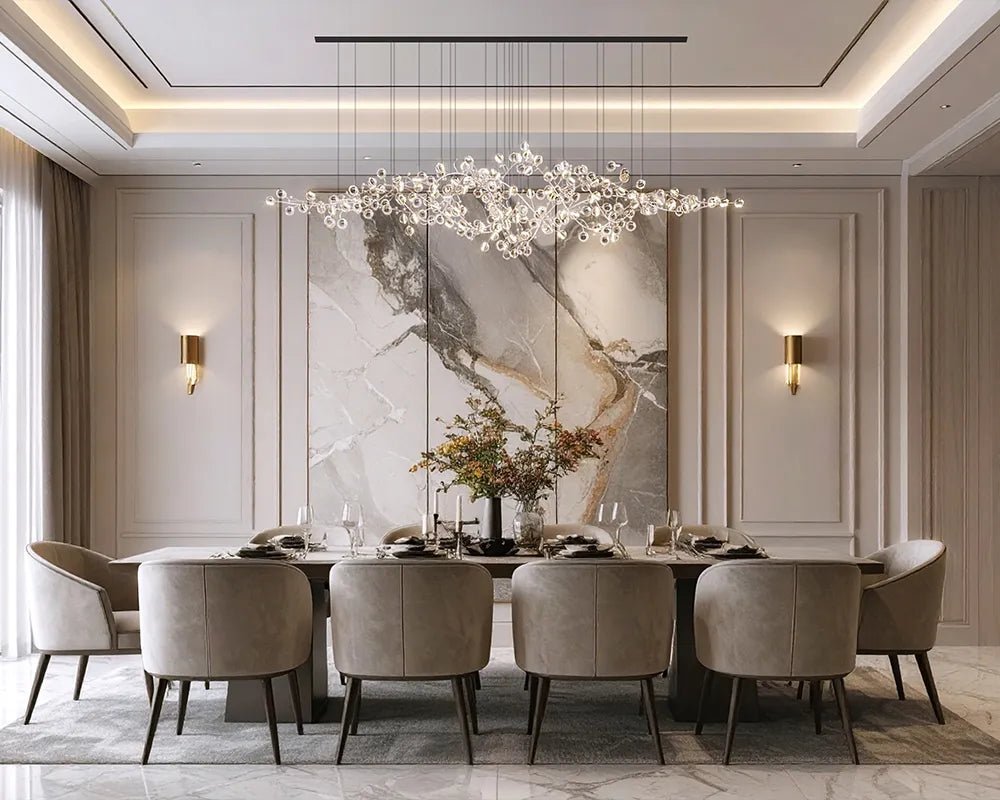 Dining Room design with marble top and Beige velvet chairs. - Davinciya