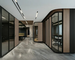 Curved Timber-Glass Partitions with Organic Flow and Executive Definition