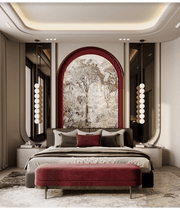 Elegant Contemporary Bedroom Geometric Wall Accents and with Crystal Chandelier.