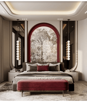 Elegant Contemporary Bedroom Geometric Wall Accents and with Crystal Chandelier.