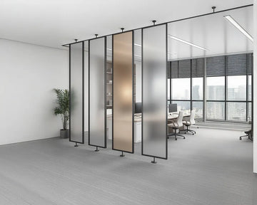 Suspended Frosted Glass Blade Partitions for Adaptive Work Environments