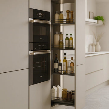 Modern Slim Pull-Out Pantry with Vertical Metal Shelving