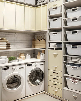 Neutral-Toned Compact Laundry Room with Elevated Storage Efficiency