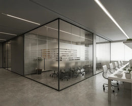 Frameless Glass Office Partitions with Frosted Film Strips for Modern Collaborative Zones