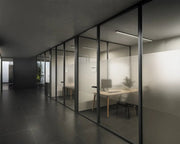 Semi-Private Work Pod Partitions with Frosted Glass and Monolithic Framing