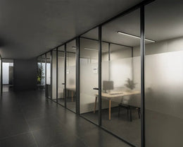 Semi-Private Work Pod Partitions with Frosted Glass and Monolithic Framing