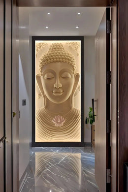 Serene Foyer Design with Illuminated Buddha Wall Panel