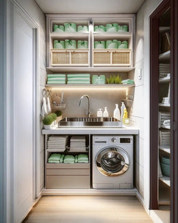 Compact Built-in Laundry Nook with Elegant Storage and Ambient Lighting