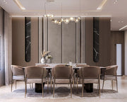 Dining room design with white marble top and brown velvet chairs.