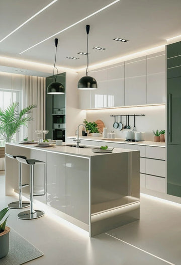 Contemporary Minimalist Island Kitchen in Olive Green & White