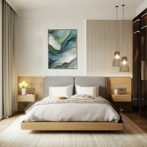 Premium Guest Bedroom Design with Natural Wood Tones and Artistic Serenity