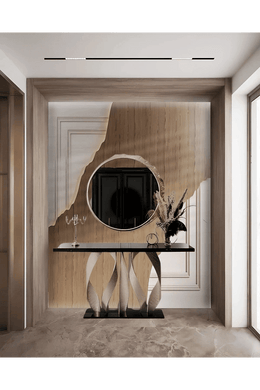 Minimalist Foyer Design with Sculptural Console and Textured Wood Panel