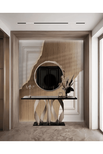 Minimalist Foyer Design with Sculptural Console and Textured Wood Panel