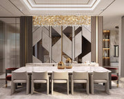 Dining room design with white marble top and soft beige velvet chairs.