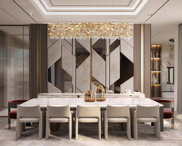 Dining room design with white marble top and soft beige velvet chairs.