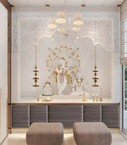 Royal White Pooja Room with Krishna-Radha Marble Murals and Ornate Ceiling Design