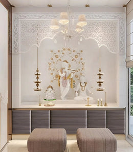 Royal White Pooja Room with Krishna-Radha Marble Murals and Ornate Ceiling Design
