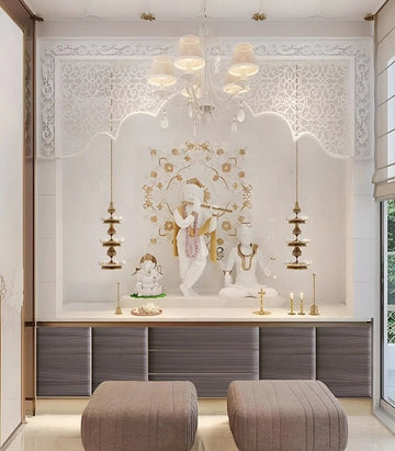 Royal White Pooja Room with Krishna-Radha Marble Murals and Ornate Ceiling Design