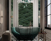 Avant-Garde Luxury Bathroom with Emerald Crystal Tub & Art Deco Detailing