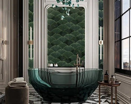 Avant-Garde Luxury Bathroom with Emerald Crystal Tub & Art Deco Detailing