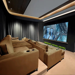 Minimalist Earth-Toned Home Theatre with Plush  Tiered Seating