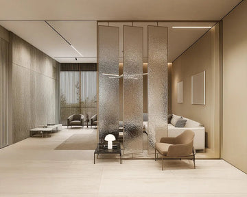 Floating Textured Glass Screens Framing a Luxurious Lounge Niche