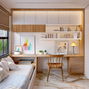 Lightwood & Ivory Minimalist Study Room with Built-in Daybed
