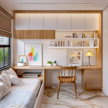 Lightwood & Ivory Minimalist Study Room with Built-in Daybed