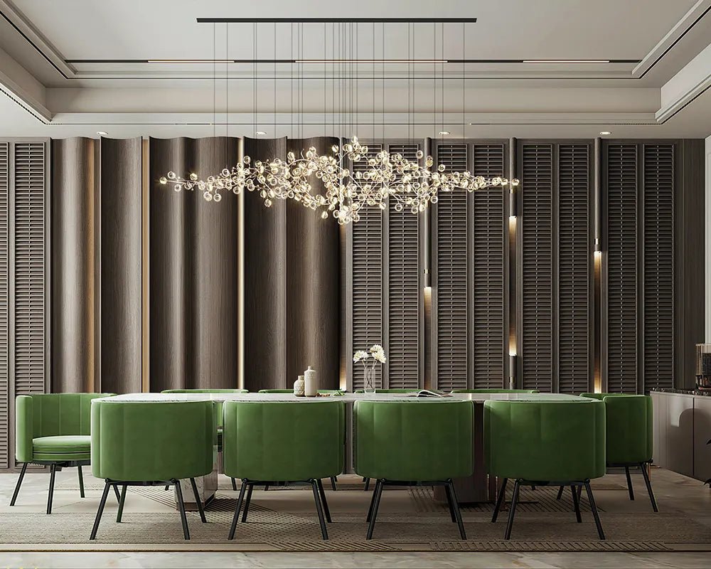 Dining room design with white marble top and green velvet chairs ...