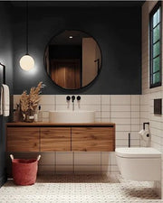 Bold Black & Natural Wood Bathroom with Monochrome Accents