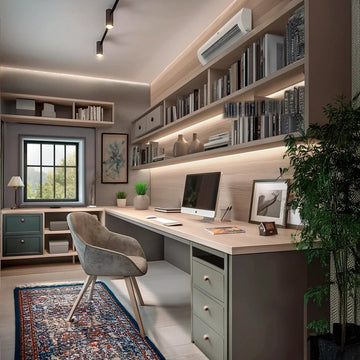 Sage Green & Ash Wood Study Room with Classic Rug Accent