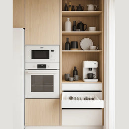 Refined Open Shelving & Drawer Unit with Warm Oak Accents