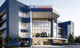 Modern Hospital with Grand Glazed Atrium & Blue-Tone ACP Cladding