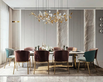 Dining Room Featuring Blush and Teal Velvet Chairs