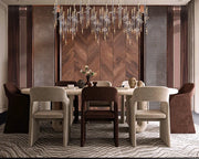 Warm and Refined Dining Area with Mixed Seating and Architectural Details