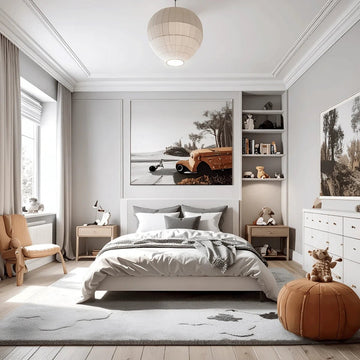 Modern Monochrome Kids Room with Warm Accents & Travel Motif