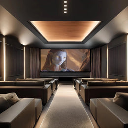 Minimalist Luxe Home Theatre with Focused  Symmetry & Warm Ambient Glow