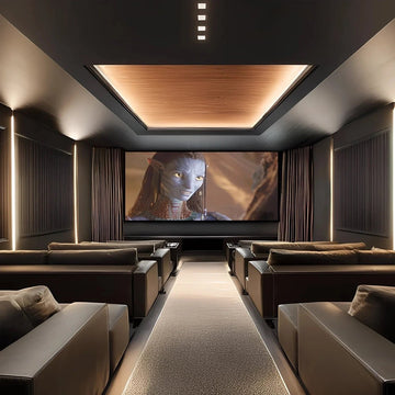 Minimalist Luxe Home Theatre with Focused  Symmetry & Warm Ambient Glow