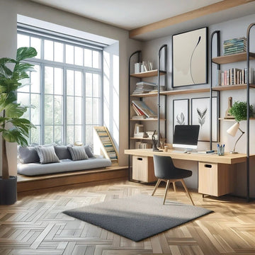 Bright Ash Wood Study Room with Window Nook and Modern Shelving