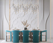 Elegant Contemporary Dining Room with Aqua Chairs and Marble top