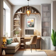 Cozy Ash Wood Study Room with Arched Shelving and Window Nook