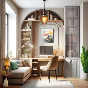 Cozy Ash Wood Study Room with Arched Shelving and Window Nook