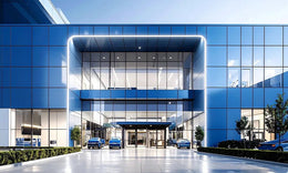 Futuristic Blue-Glass Hospital with Illuminated Frame & Symmetrical Entry
