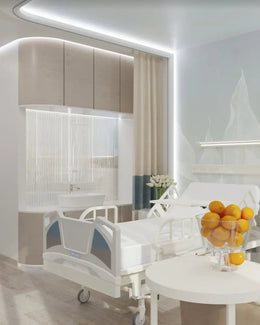 Futuristic Healing Suite with Soothing White & Soft Beige Tones