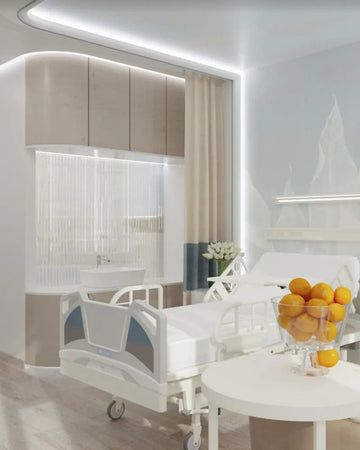 Futuristic Healing Suite with Soothing White & Soft Beige Tones