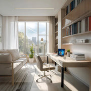 Bright Ash Wood Study Room with Large Window and Modern Shelving