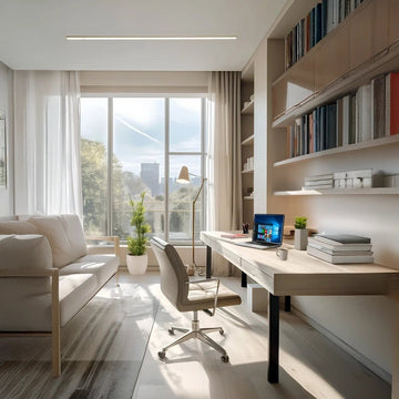Bright Ash Wood Study Room with Large Window and Modern Shelving