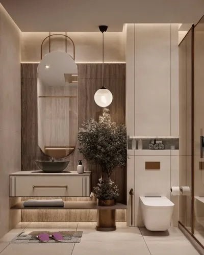 Warm Beige & Brass-Tone Bathroom